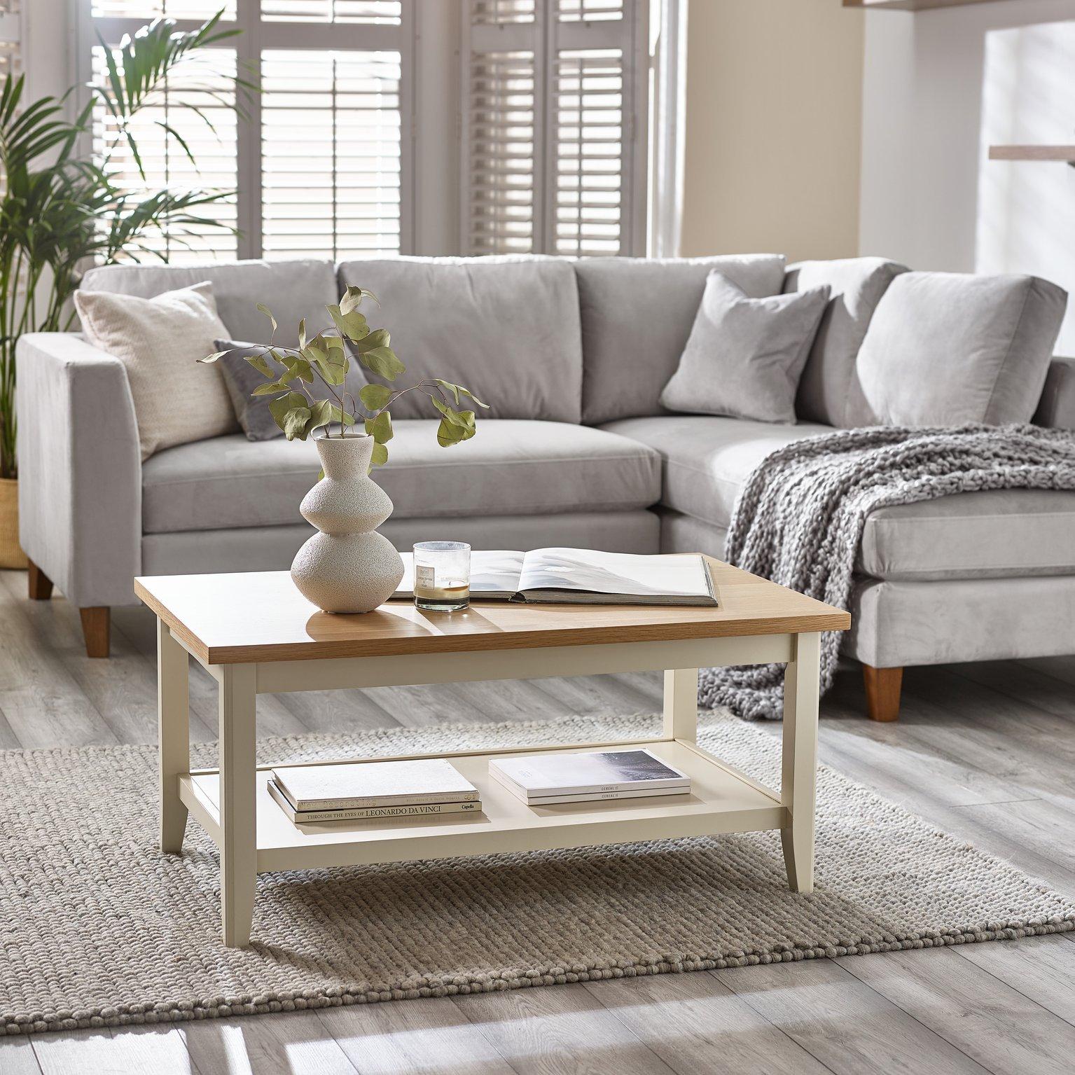 Solid Wood Coffee Table - Eden Wooden Coffee Table - Pale Oak Stain Tabletop Cream Legs - Bright Mod
